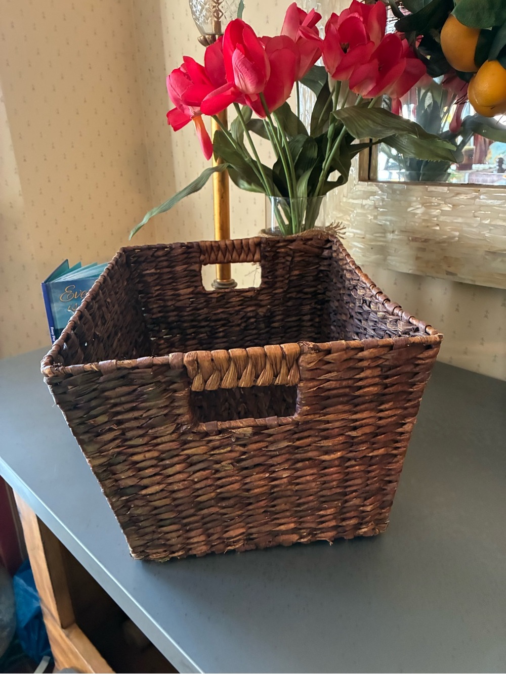 MEDIUM size woven basket, 11 inches wide and 14 inches long.